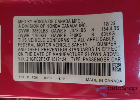 2023 Honda Civic Sport из США, поврежденный, VIN 2HGFE2F5XPH512124